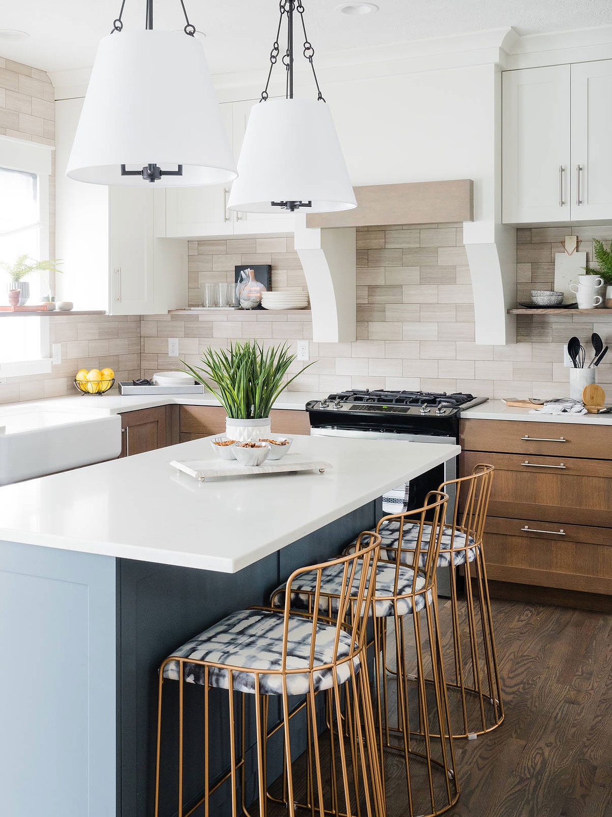 White Blue Brown Kitchen With Warm Gray Marble Subway Backsplash Tile BA2007