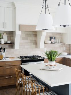 White Quartz Countertop With Warm Gray Marble Subway Backsplash Tile BA2007