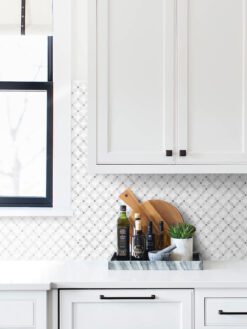 white cabinet countertop flower pattern marble backsplash tile BA45056