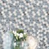 Blue Gray Marble Glass Backsplash Tile White Cabinet Cambria Countertop BA62026