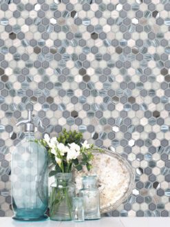 Blue Gray Marble Glass Backsplash Tile White Cabinet Cambria Countertop BA62026