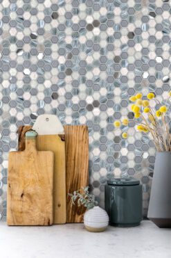 Blue Backsplash Tile Quartz White Countertop