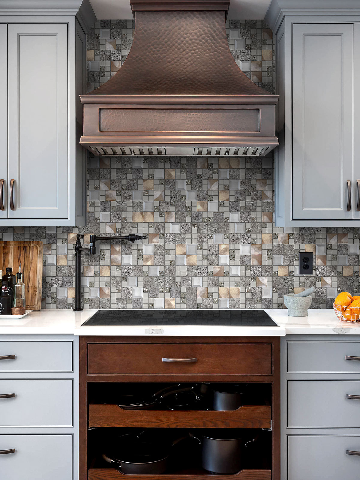 Gray Cabinet Copper Hood Backsplash Tile BA62010