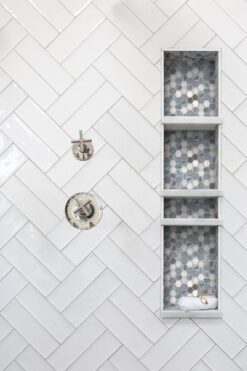 blue glass mosaic tile shower wall design