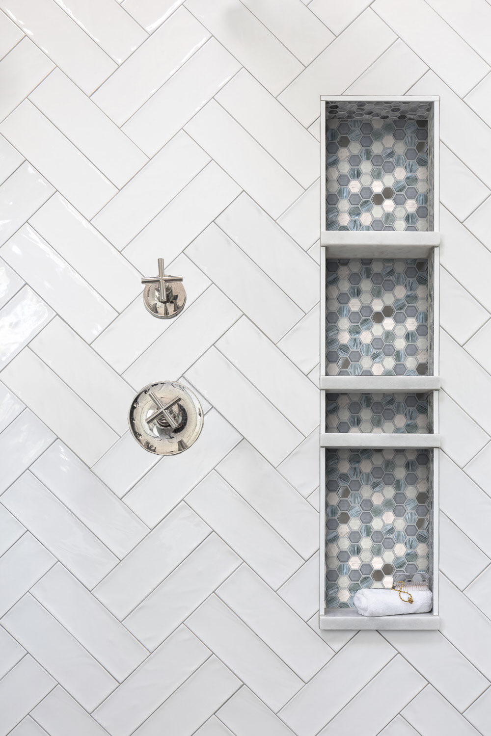 blue glass mosaic tile shower wall design