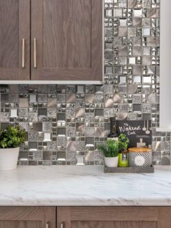 brown cabinet granite countertop copper glass backsplash tile BA62010