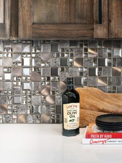 white quartz countertop brown cabinet backsplash tile BA62010
