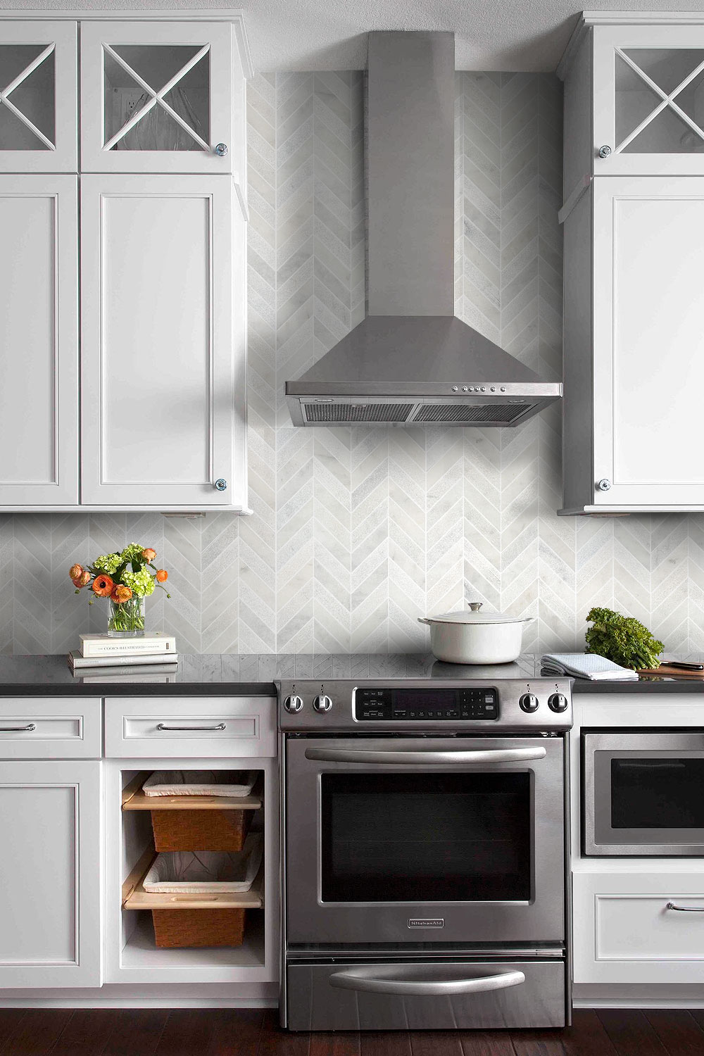 Farmhouse Transitional Kitchen Black Granite Countertop Chevron Backspash Tile