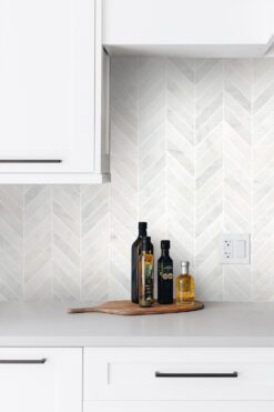 Transitional White Kitchen Marble Backsplash Tile