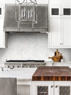 White Cabinet Marble Countertop Chevron Backsplash Tile BA631613
