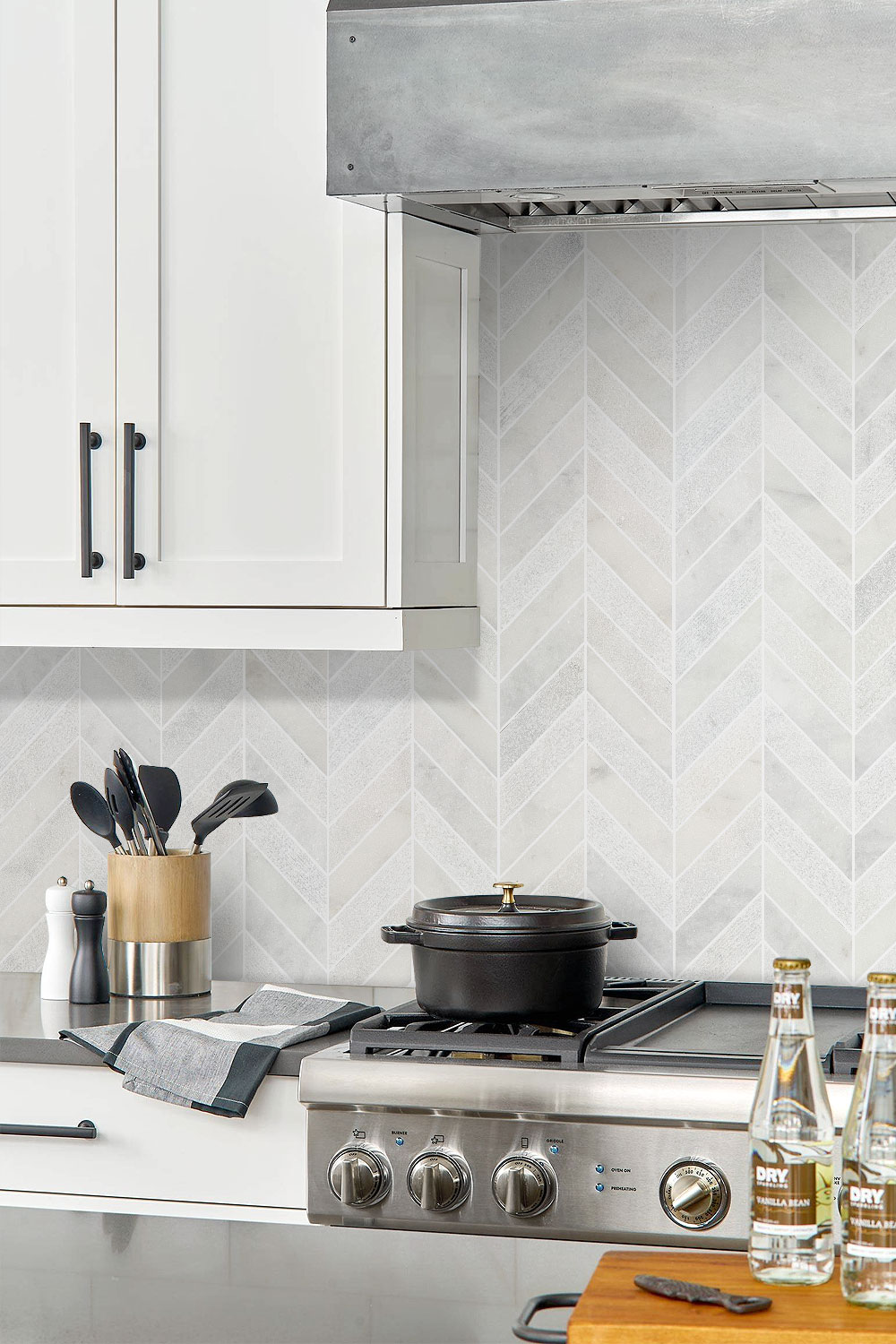 White Kitchen Cabinets Chevron Backsplash Tile