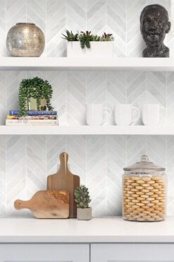 White Kitchen With Chevron Marble Backsplash Tile