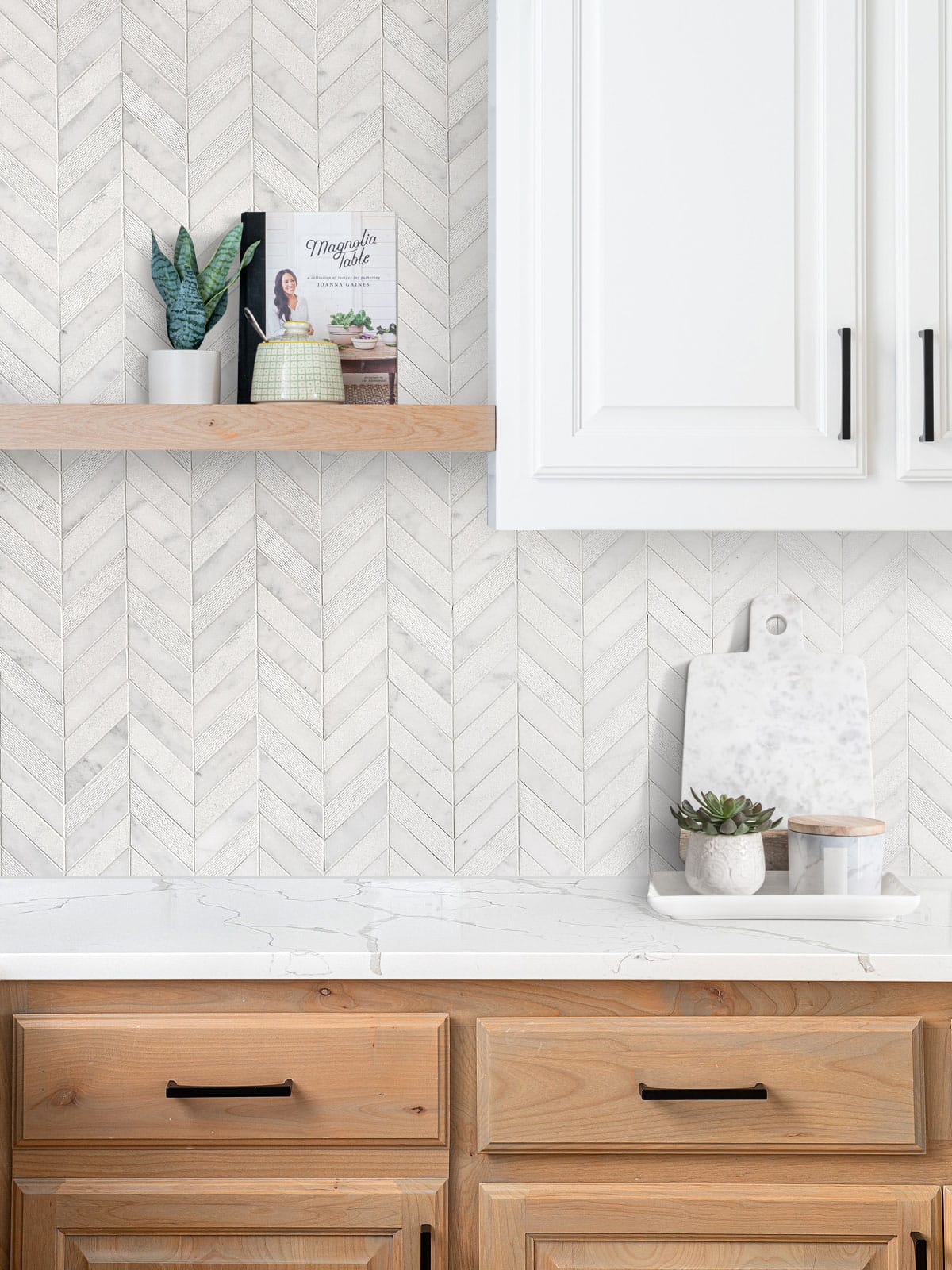 brown cabinets quartz countertop with white chevron marble backsplash tile BA631613