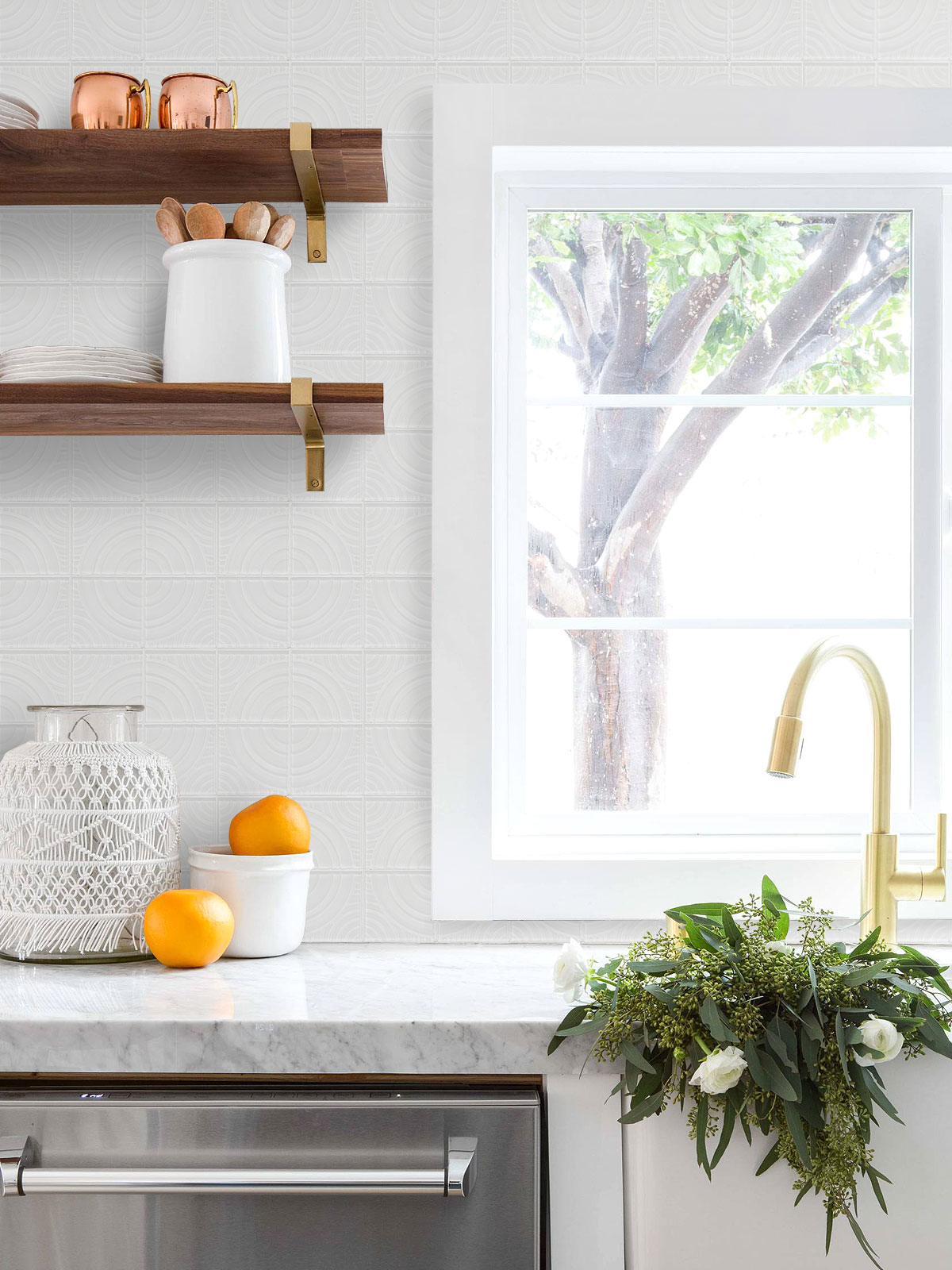 White glass backsplash tile white kitchen