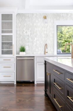 Brown Cabinet White Backsplash Tile