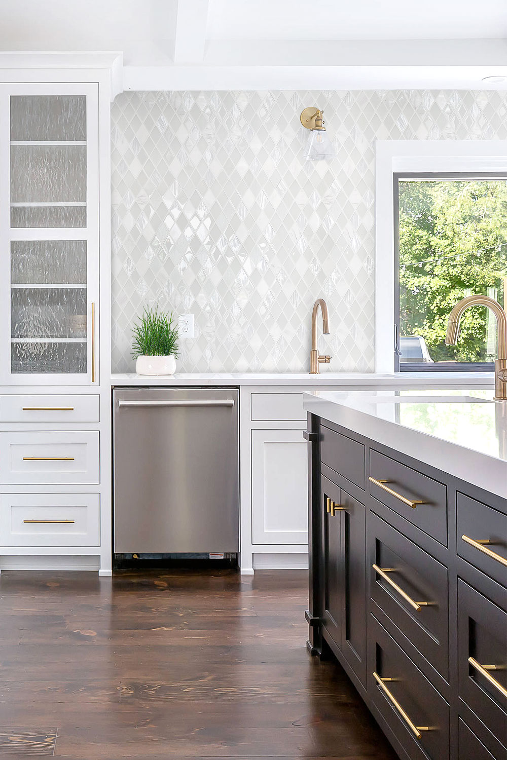 Brown Cabinet White Backsplash Tile