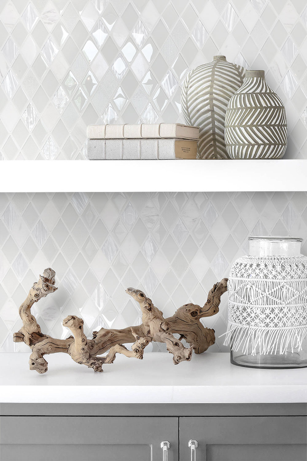 Gray Cabinet White Countertop And Backsplash