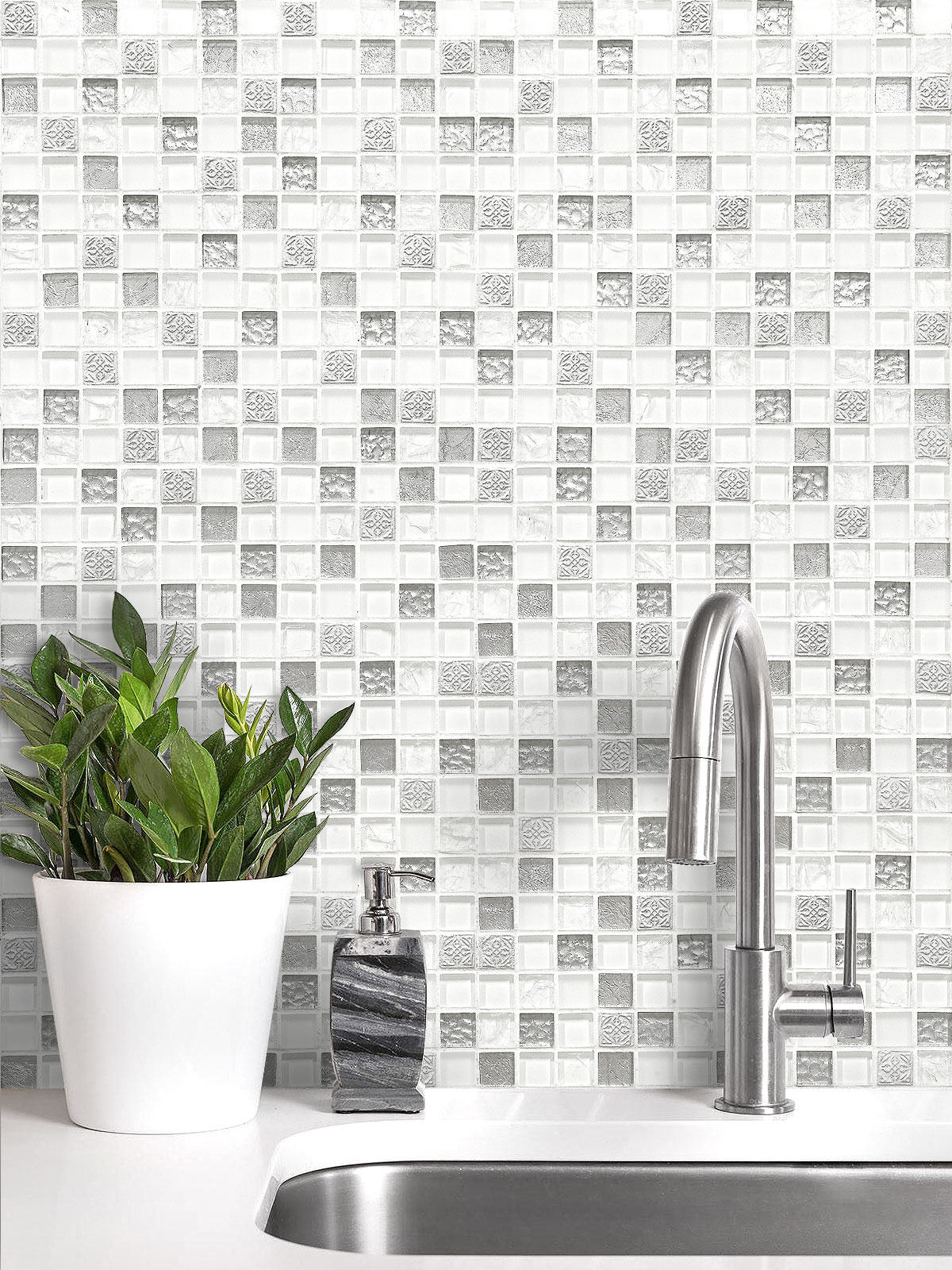 White Silver Mosaic Backsplash Tile BA1206