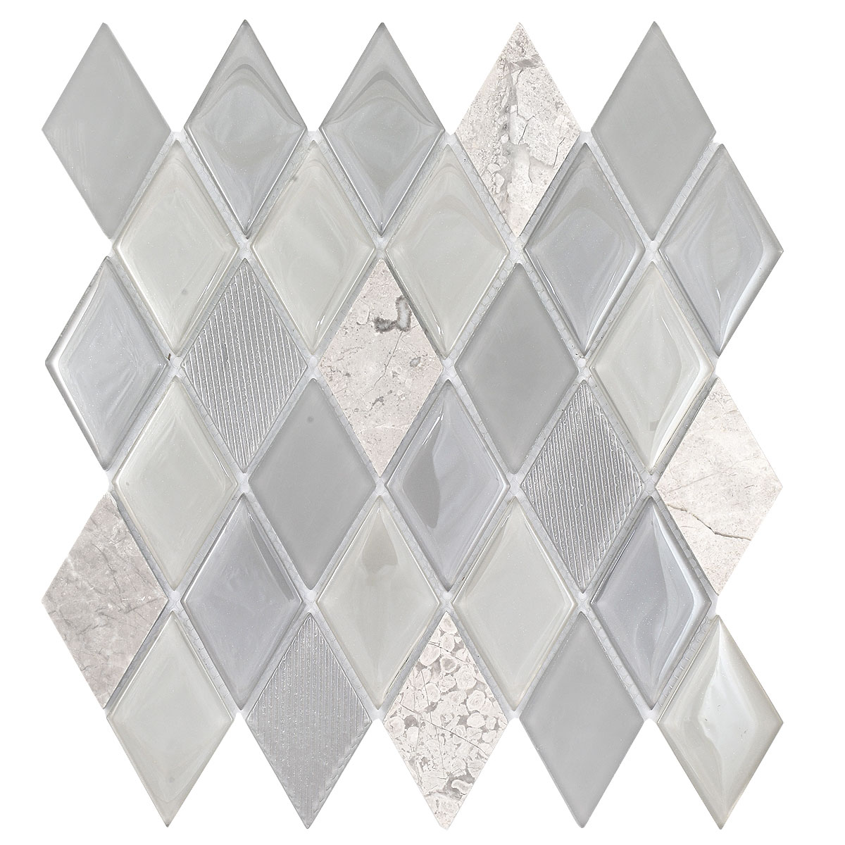 Gray Glass and Marble Rhomboid Design Backsplash Tile