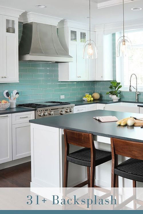 White Cabinets with Glass Tile Backsplash