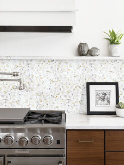 Brown Cabinet with Cube Calacatta Gold Mosaic Tile BA7007