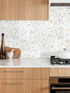 Brown Modern Cabinet with Cube Calacatta Gold Mosaic Tile BA7007