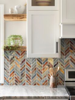 Rustic Brown Gray Slate Chevron Mosaic Backsplash Tile White Cabinet BA1065
