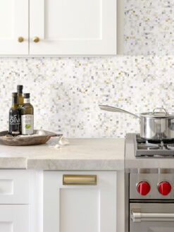 Taj Mahal Granite Countertop with Cube Calacatta Gold Mosaic Tile BA7007