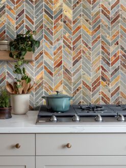 White Granite Countertop Gray Cabinet Chevron Slate Backsplash Tile BA1065