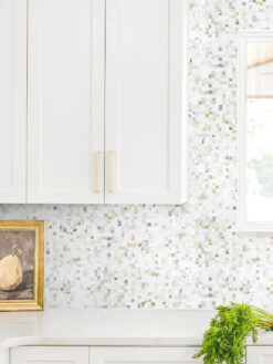 White Kitchen with Cube Calacatta Gold Mosaic Tile BA7007