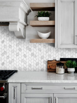 Gray Kitchen Cabinet with Marble Leaf Backsplash Tile BA6316
