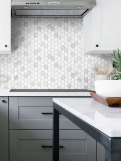 Two Tones Gray Cabinet with Marble Leaf Backsplash Tile BA6316