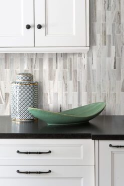 white cabinet black granite countertop subway marble backsplash tile
