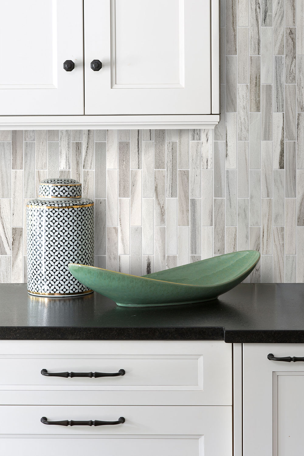 white cabinet black granite countertop subway marble backsplash tile