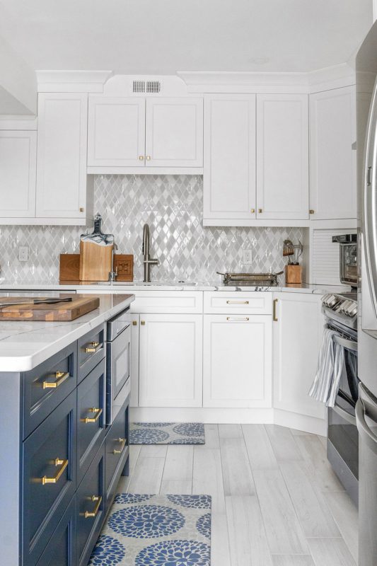 Blue Kitchen Island Gray Floor White Glass And Marble Backsplash BA62046