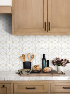 Brown Kitchen Cabinet With Flower Marble Backsplash Tile BA6310