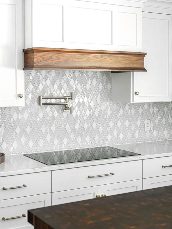 Butcher Block Kitchen Island White Diamond Glass Backsplash Tile White Kitchen BA62046