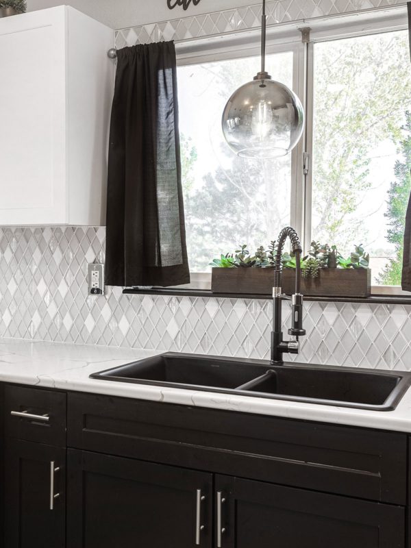 Espresso And White Cabinet Black Kitchen Sink White Glass And Marble Backsplash BA62046