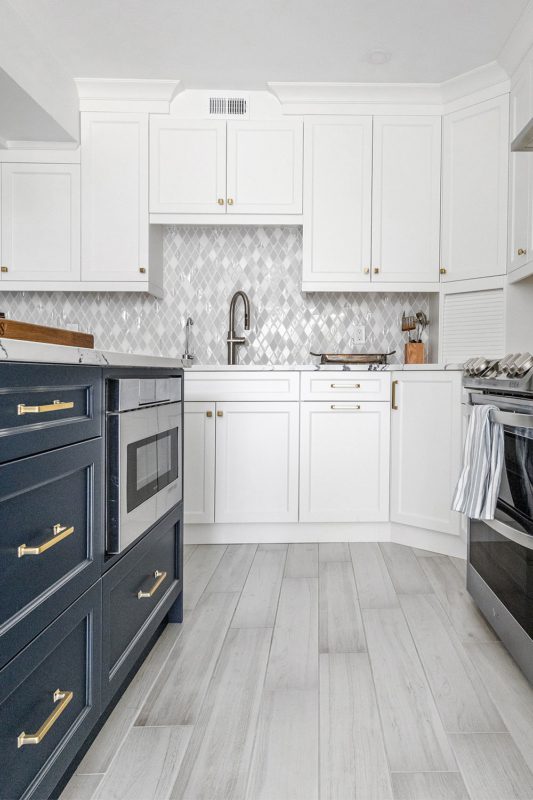Two Tones Kitchen Cabinets Blue Kitchen Island White Backsplash Tile BA62046