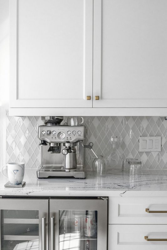 White Countertop With Dark Veins White Kitchen Cabinet White Backsplash Tile BA62046