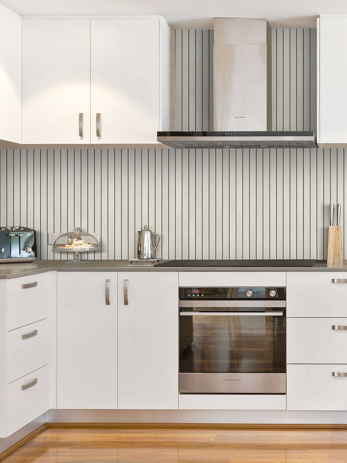 Dark Countertop with Modern Beige Backsplash Tile
