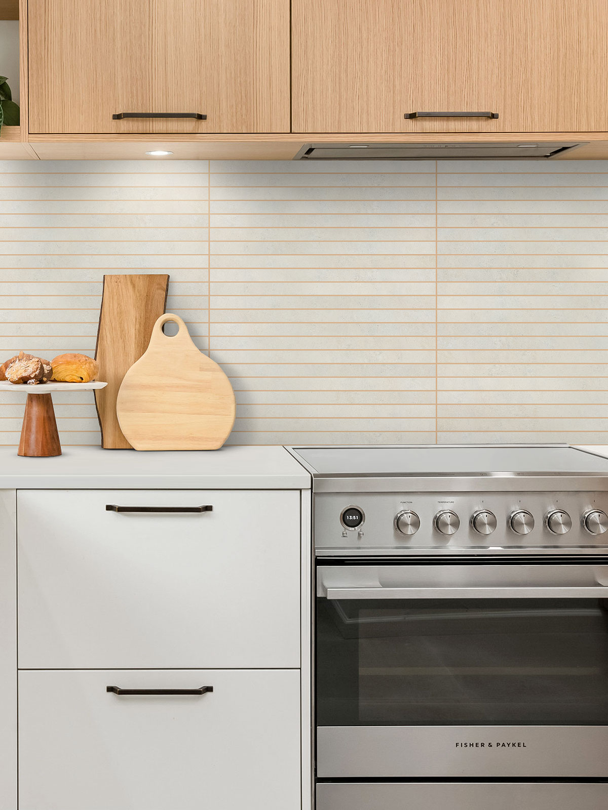 Modern Beige Backsplash Tile with Light Brown Cabinet