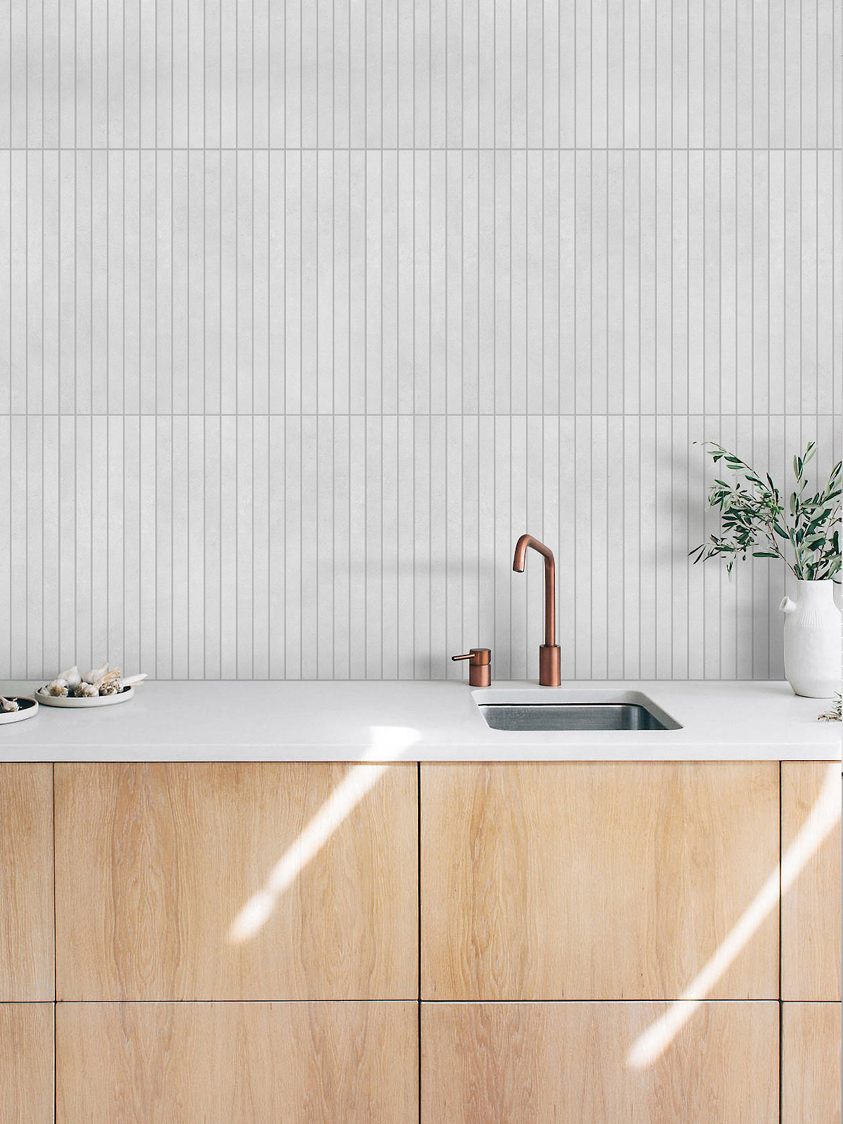 Modern Light Brown Cabinet With Long Mosaic Backsplash Tile BA4502