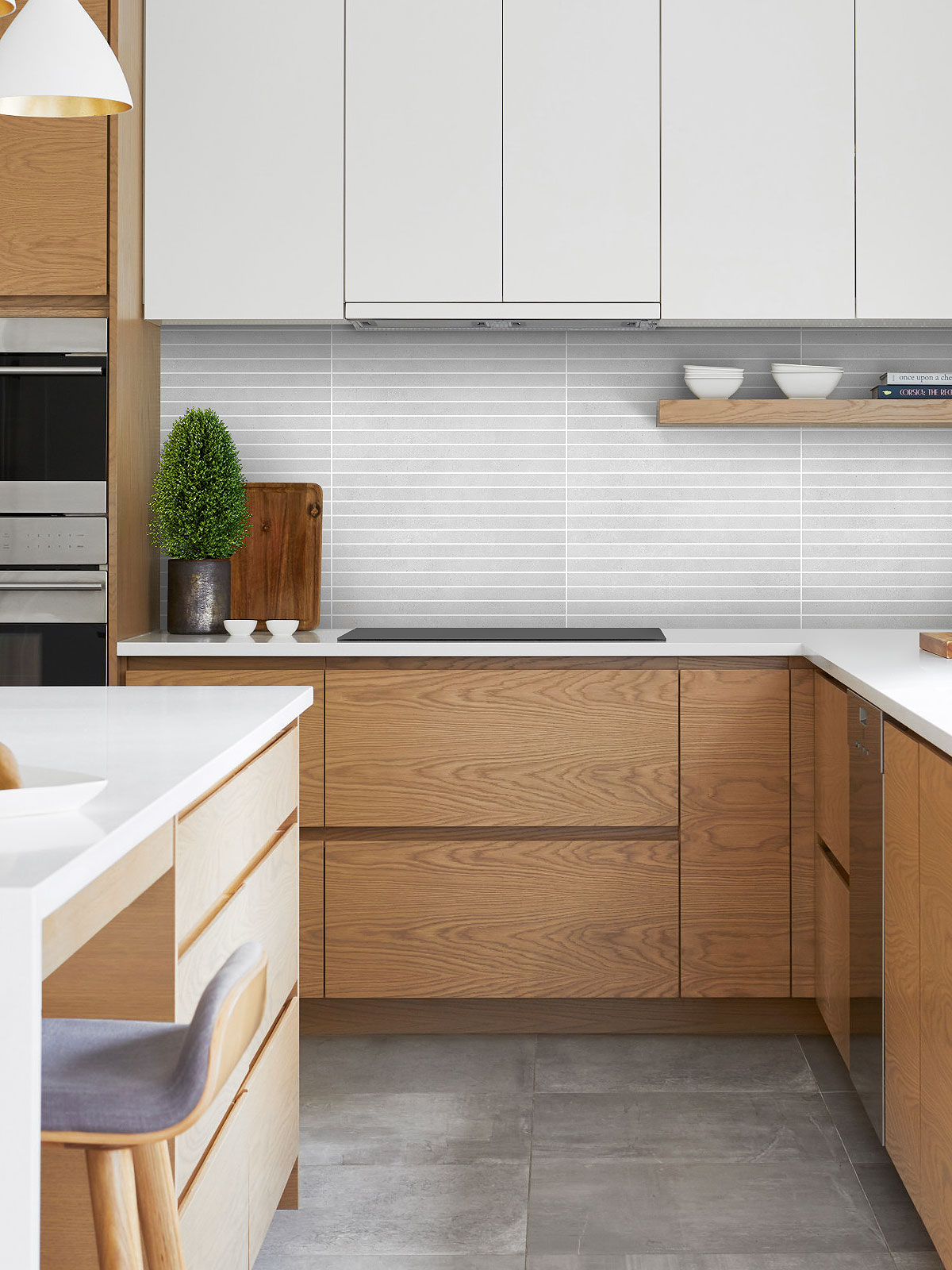 Two Tones Cabinet White Brown With Modern Backsplash Tile BA4502