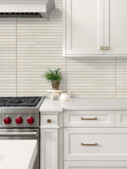 White Kitchen with Modern Beige Backsplash Tile