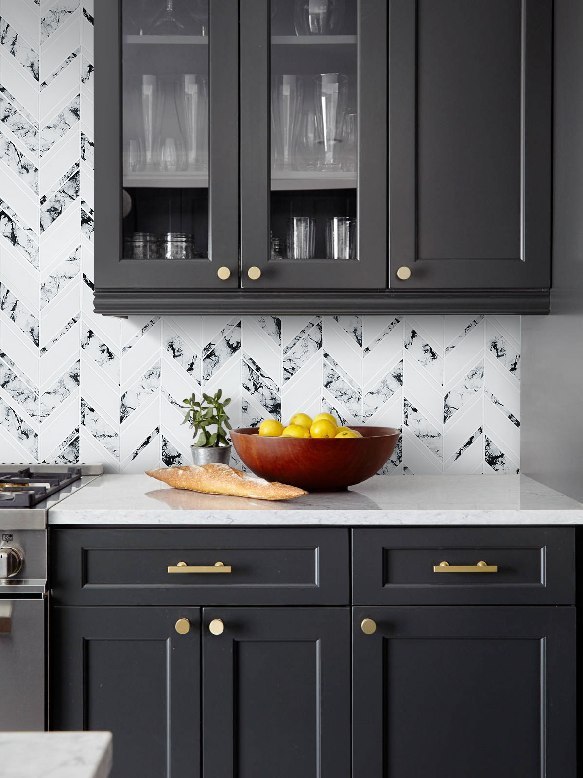 Black Cabinet Countertop White Chevron Marble Look Glass Mosaic Tile