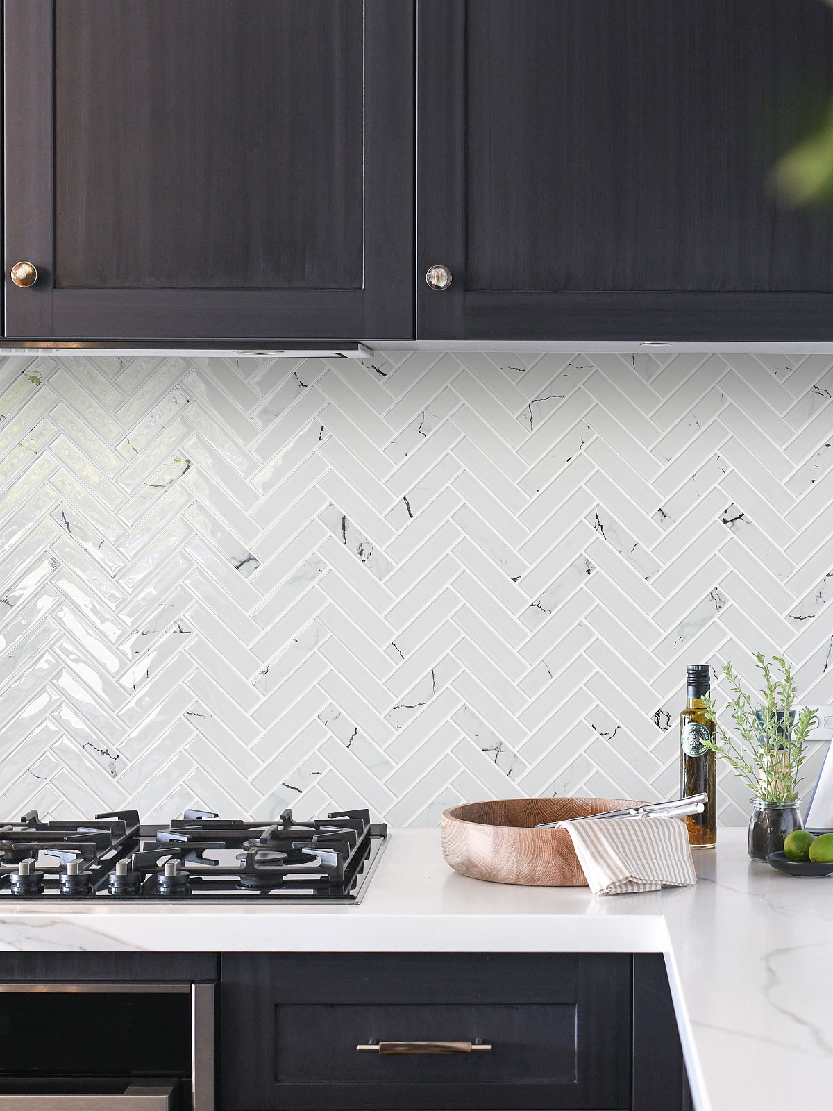 Black Cabinet White Glass Herringbone Marble Look Mosaic Backsplash Tile BA5503