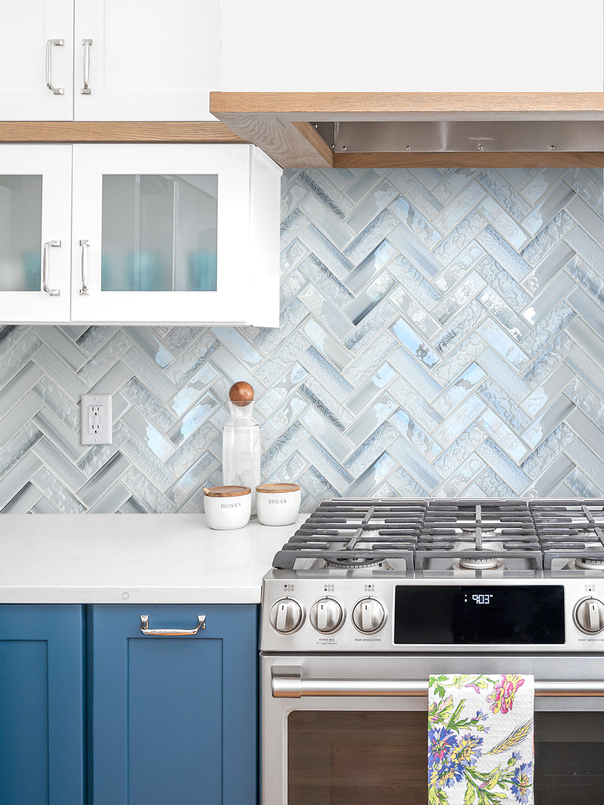 Blue Cabinet Blue Glass Herringbone Backsplash Tile BA5507