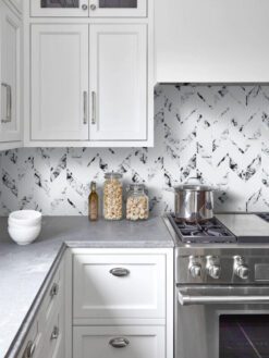Gray Countertop White Cabinet White Chevron Marble Look Glass Mosaic Tile