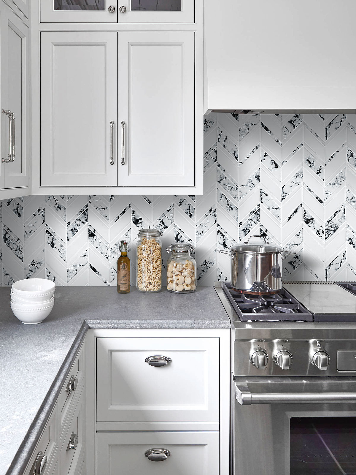 Gray Countertop White Cabinet White Chevron Marble Look Glass Mosaic Tile